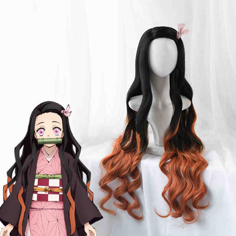 nezuko kamado largo ondulado wavy cospaly sintético peluca anime demonio slayer kimetsu no yaiba